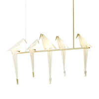 Elegant white origami-style chandelier with a sleek gold frame, showcasing a modern minimalist design.