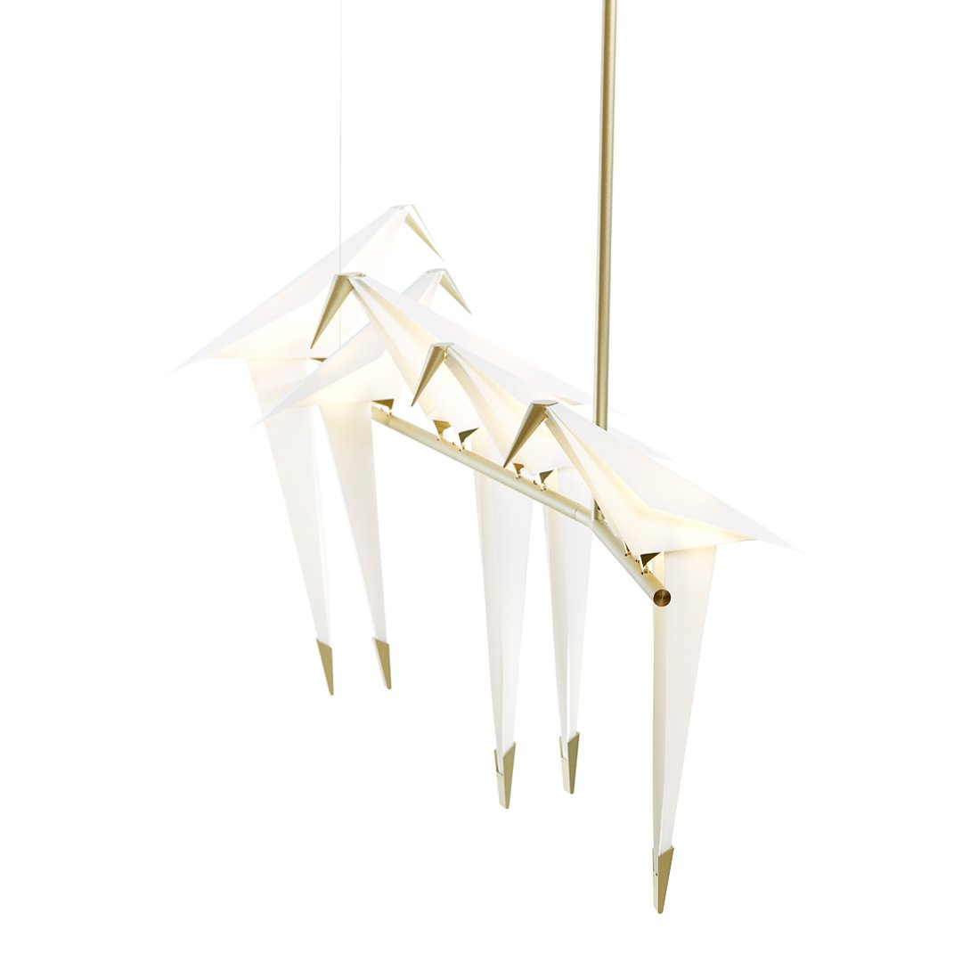 Modern pendant lamp featuring a sleek white design with gold accents and a unique geometric pattern. Perfect for stylish decor.