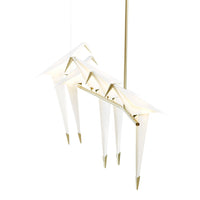 Modern pendant lamp featuring a sleek white design with gold accents and a unique geometric pattern. Perfect for stylish decor.