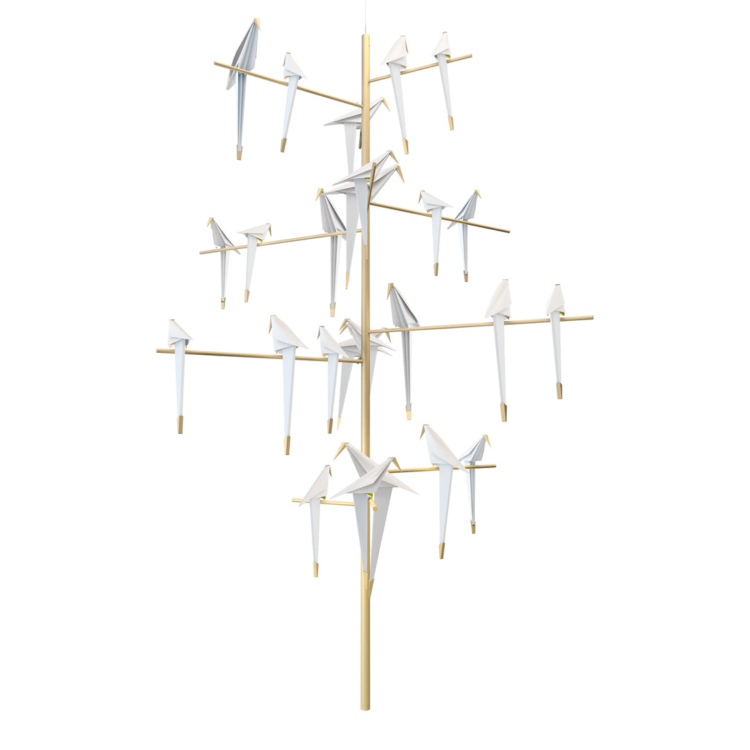 White origami birds arranged on a gold vertical stand, featuring a sleek, modern design.