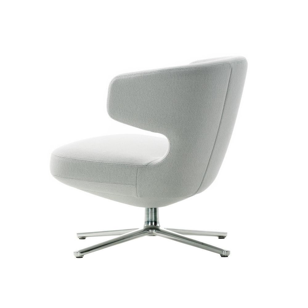 Modern gray upholstered chair with sleek lines and a chrome base, featuring a minimalist, contemporary design.