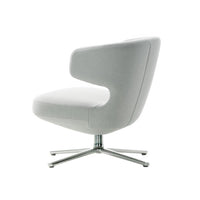 Modern gray upholstered chair with sleek lines and a chrome base, featuring a minimalist, contemporary design.