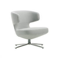 Modern swivel chair in soft gray upholstery with a smooth, minimalist design and polished metal base.