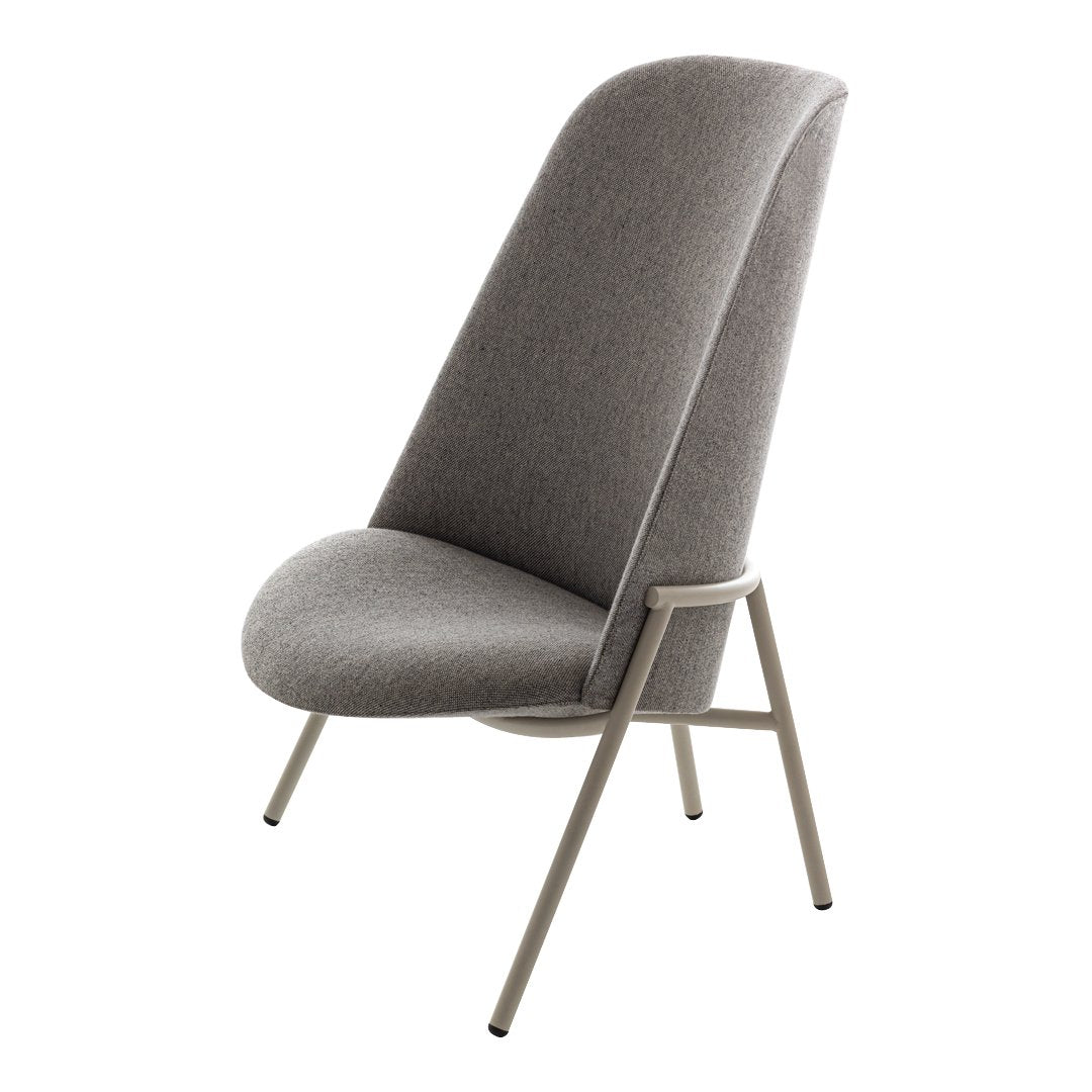 Modern gray upholstered chair with a sleek, minimalist design and subtle texture, featuring light metal legs.