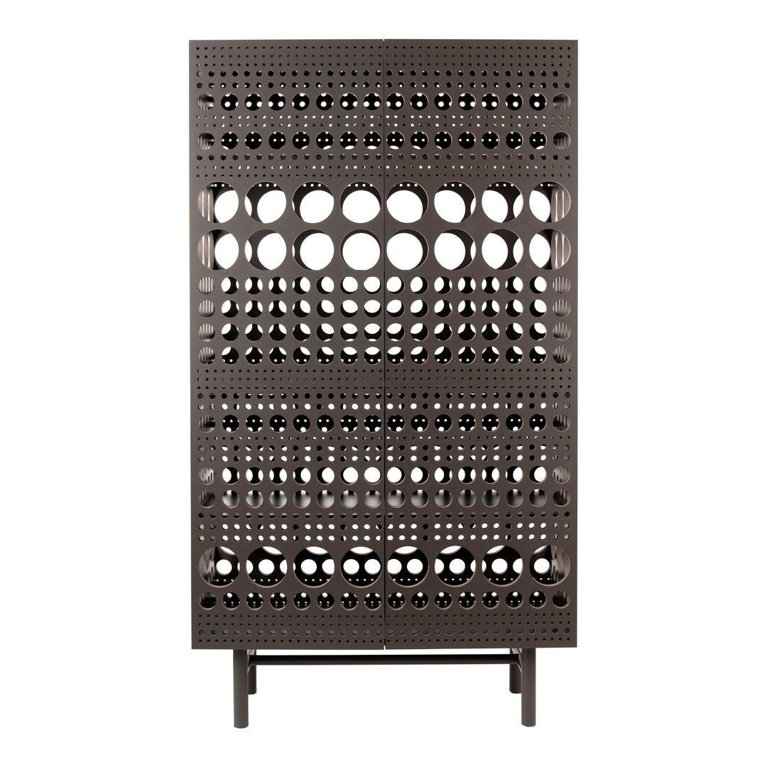 Dark brown cabinet with circular cutouts and geometric patterns, featuring a modern and abstract design.