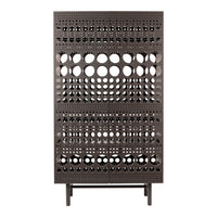 Dark brown cabinet with circular cutouts and geometric patterns, featuring a modern and abstract design.