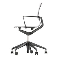 Side view of a modern ergonomic chair featuring a sleek black frame and a white seat with minimalist design.