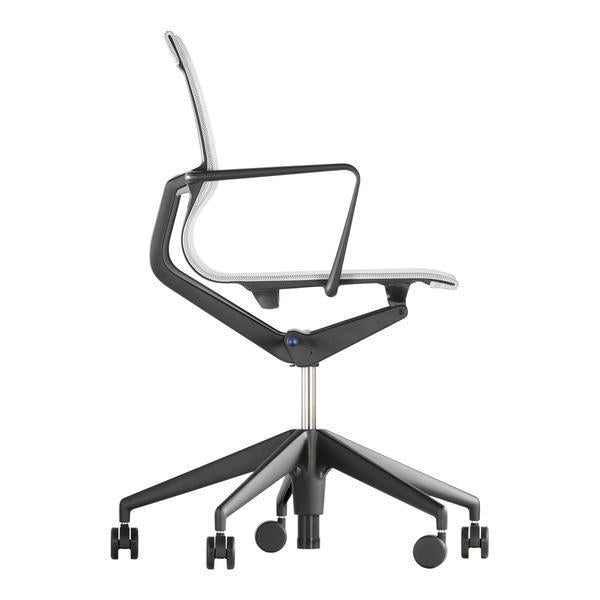 Sleek white office chair with a minimalist black frame and patterned rolling base, perfect for modern workspaces.