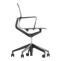 Sleek white office chair with a minimalist black frame and patterned rolling base, perfect for modern workspaces.