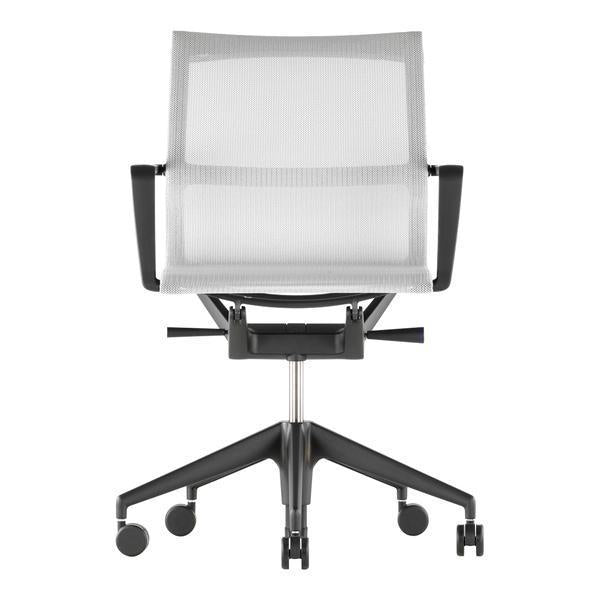 White mesh office chair with a sleek black base and casters, featuring a minimalist design and open pattern.