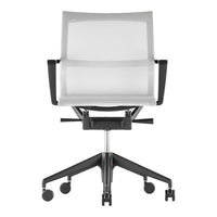 White mesh office chair with a sleek black base and casters, featuring a minimalist design and open pattern.
