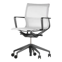 Modern ergonomic office chair in sleek white mesh with black accents and five-star base. Ideal for contemporary workspaces.