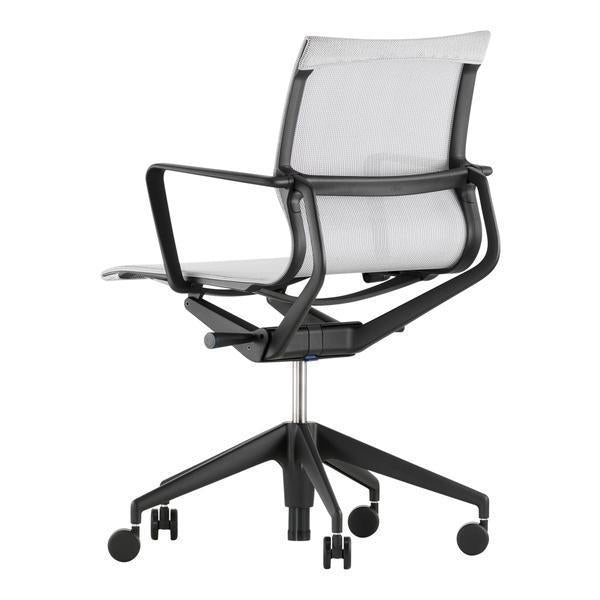 Modern ergonomic office chair featuring a sleek black frame and a minimalistic gray mesh back.
