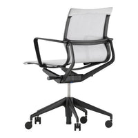 Modern ergonomic office chair featuring a sleek black frame and a minimalistic gray mesh back.