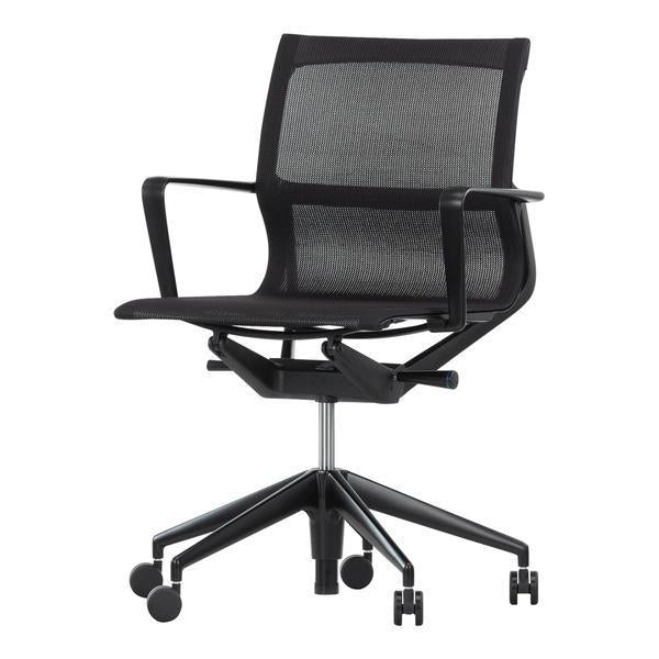 Black mesh office chair with a sleek design and minimalist armrests, featuring a modern wheelbase for mobility.