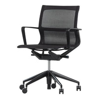 Black mesh office chair with a sleek design and minimalist armrests, featuring a modern wheelbase for mobility.