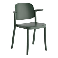 Green modern chair with smooth matte finish and simple design, featuring curved backrest and armrests.