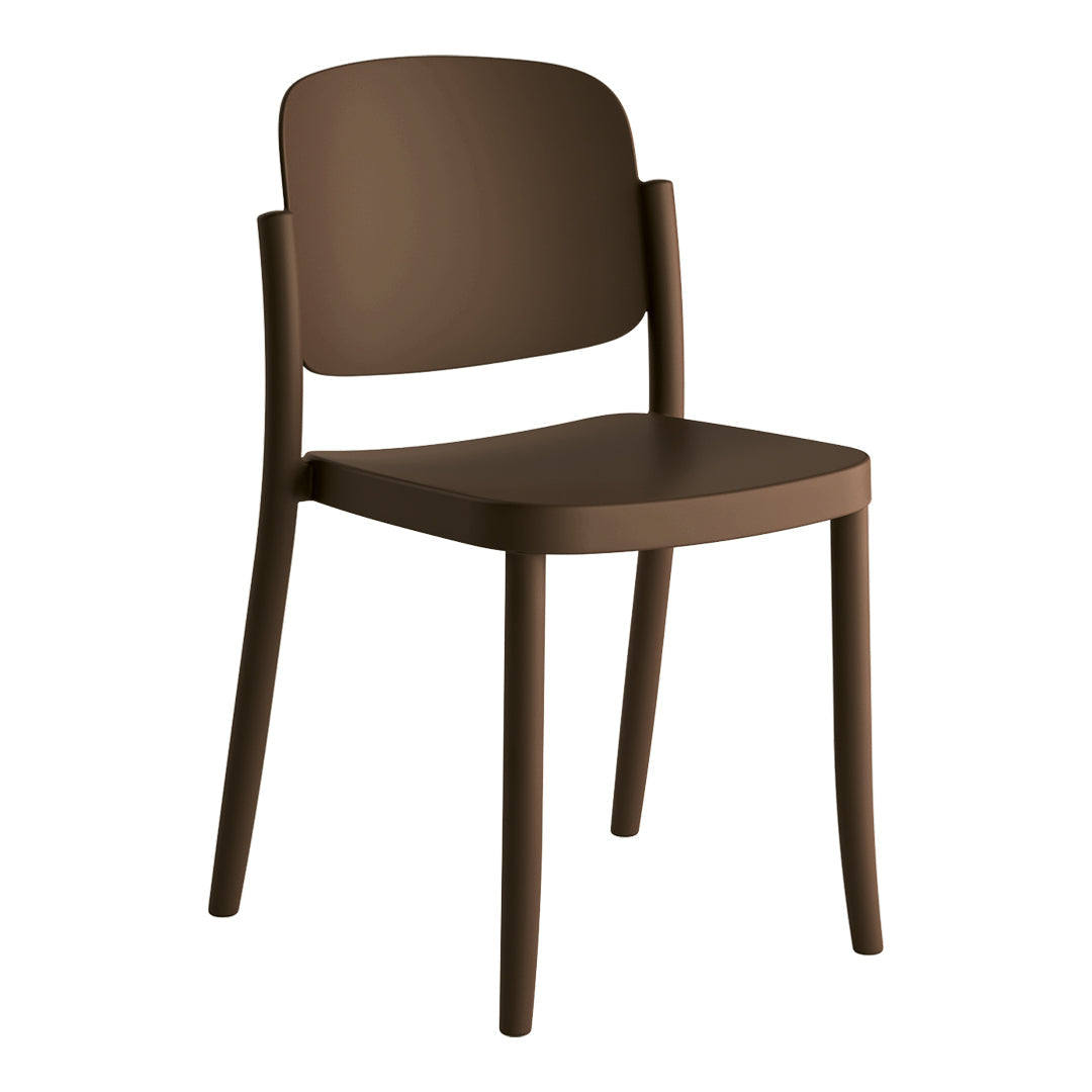 Brown minimalist chair with smooth, solid surface and curved back, perfect for modern decor.