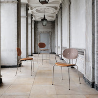 Stylish wooden chairs with a sleek chrome frame, featuring warm earthy tones and subtle curvature in design.