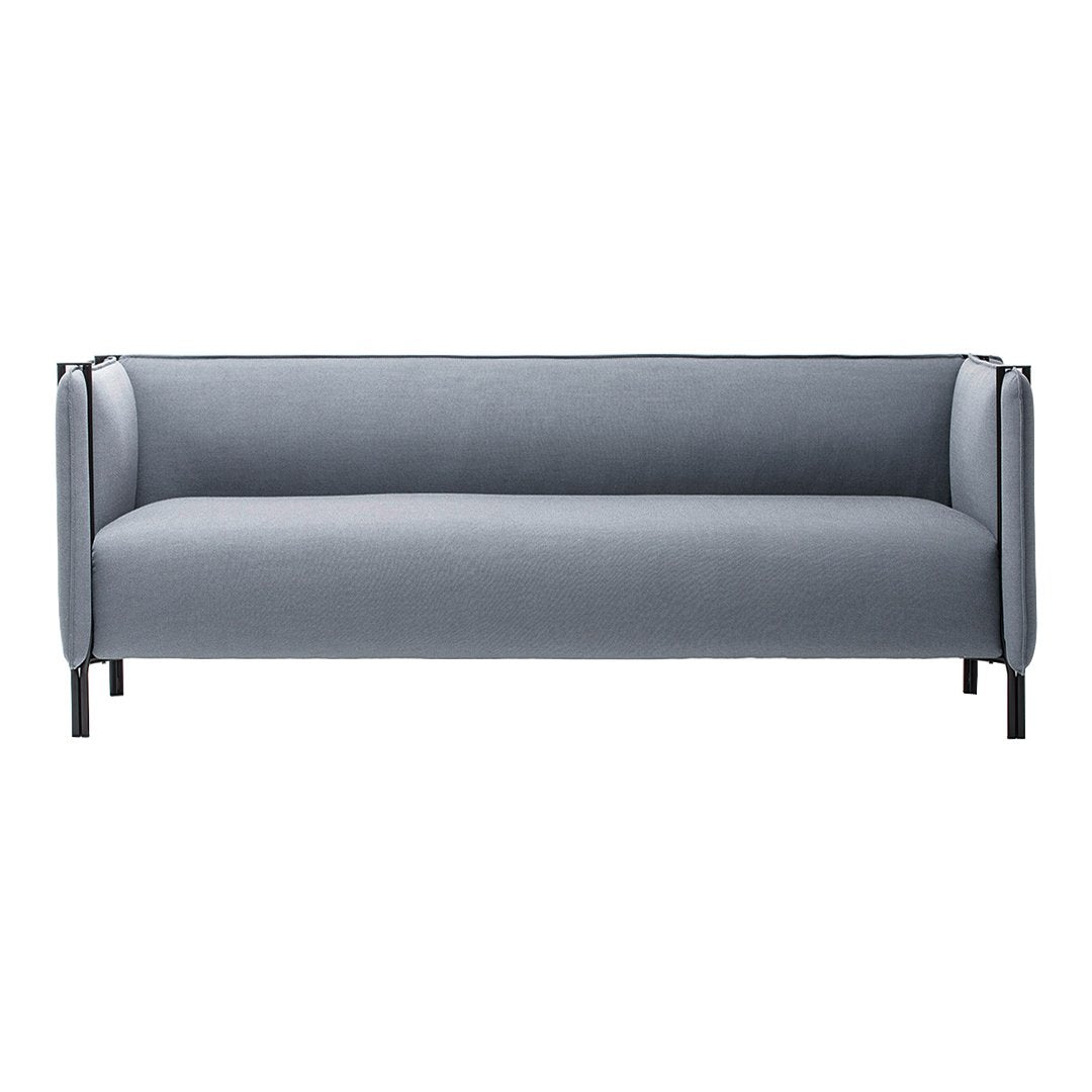 Stylish gray sofa with clean lines and minimalist design, featuring solid fabric and black metal legs.