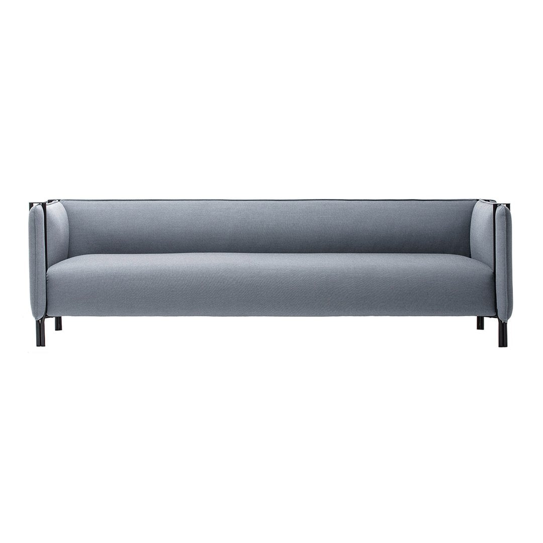 Light gray fabric sofa with a sleek, minimalist design and black metal legs. Smooth, solid color, no patterns.
