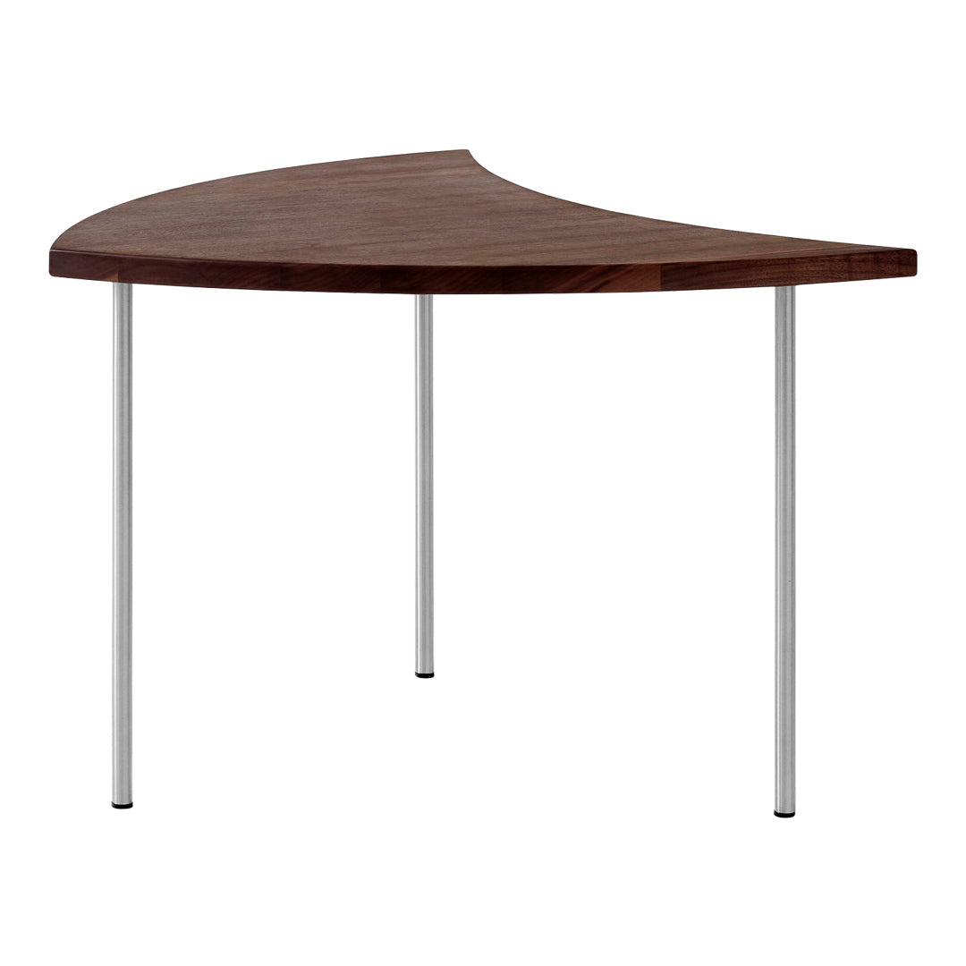 Curved brown wooden table top with sleek silver metal legs, perfect for modern and minimalist decor.
