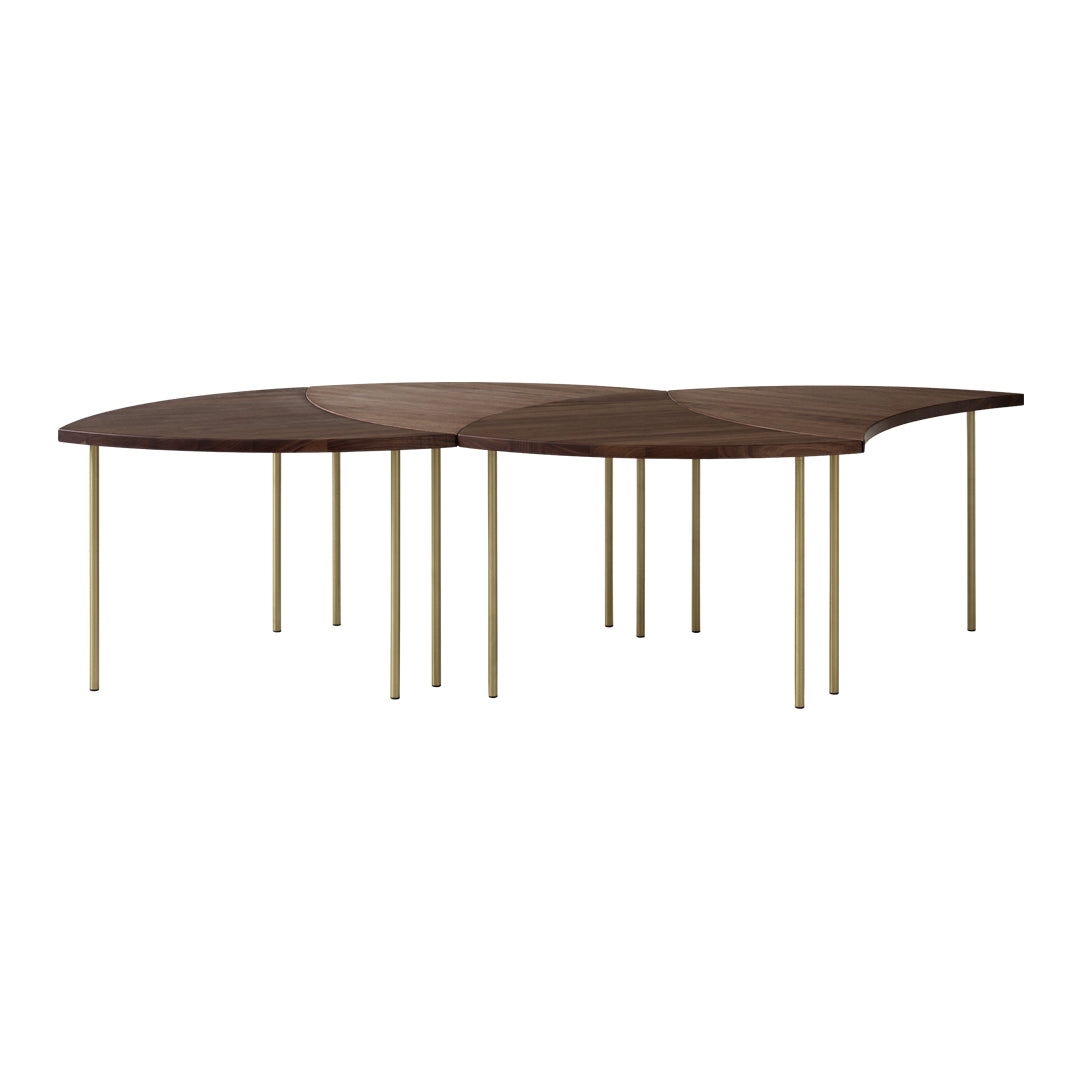 Contemporary coffee table with a rich brown wood finish and sleek gold legs, featuring an abstract, curved design.