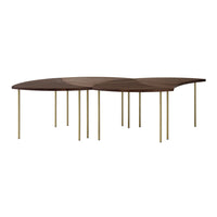 Contemporary coffee table with a rich brown wood finish and sleek gold legs, featuring an abstract, curved design.