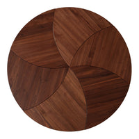 Round wooden table with rich brown hues and geometric patchwork pattern. Ideal for modern home decor.