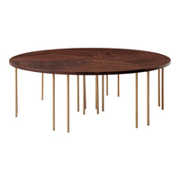 Round dark walnut coffee table with intricate wood grain patterns and sleek gold metal legs. Ideal for modern decor.