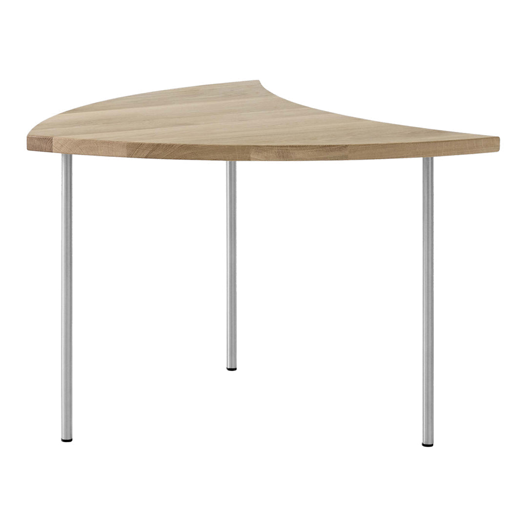 Natural wood finish with smooth, curved edges and sleek, silver metal legs, perfect for modern decor.