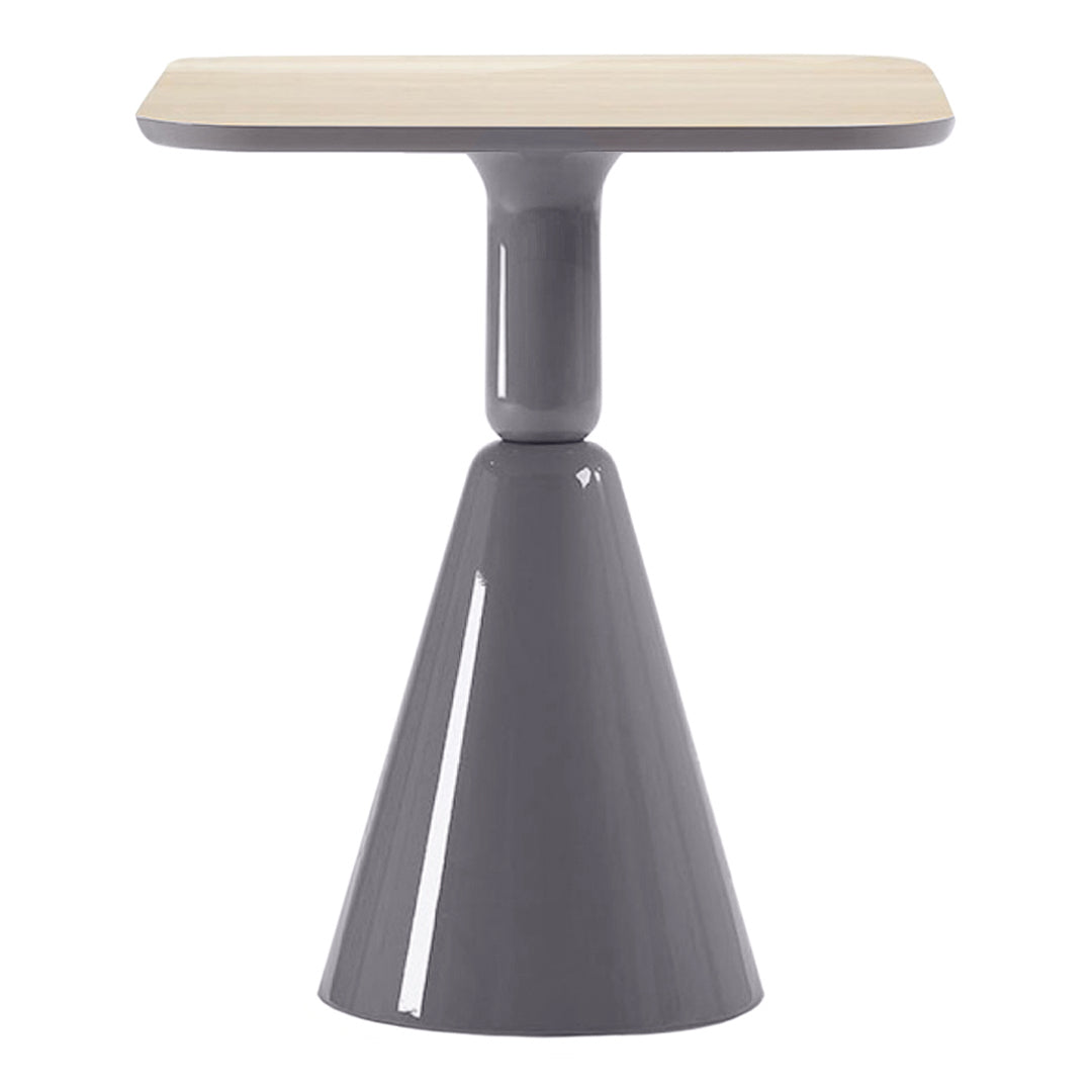 Modern cone-shaped side table with a sleek grey base and a light wood top, featuring a minimalist design.