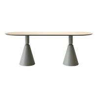 Light wood oval tabletop with minimalist gray cone-shaped legs. Stylish, modern, and sleek design for contemporary spaces.