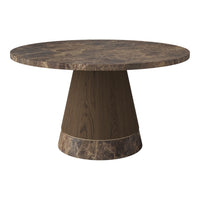 Round table with a dark wood grain finish and a marbled brown tabletop pattern, featuring a cone-shaped base.