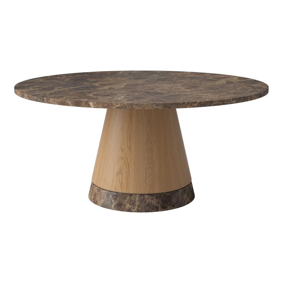 Round tabletop with a dark marble pattern, supported by a light wooden conical base. Elegant and modern design.
