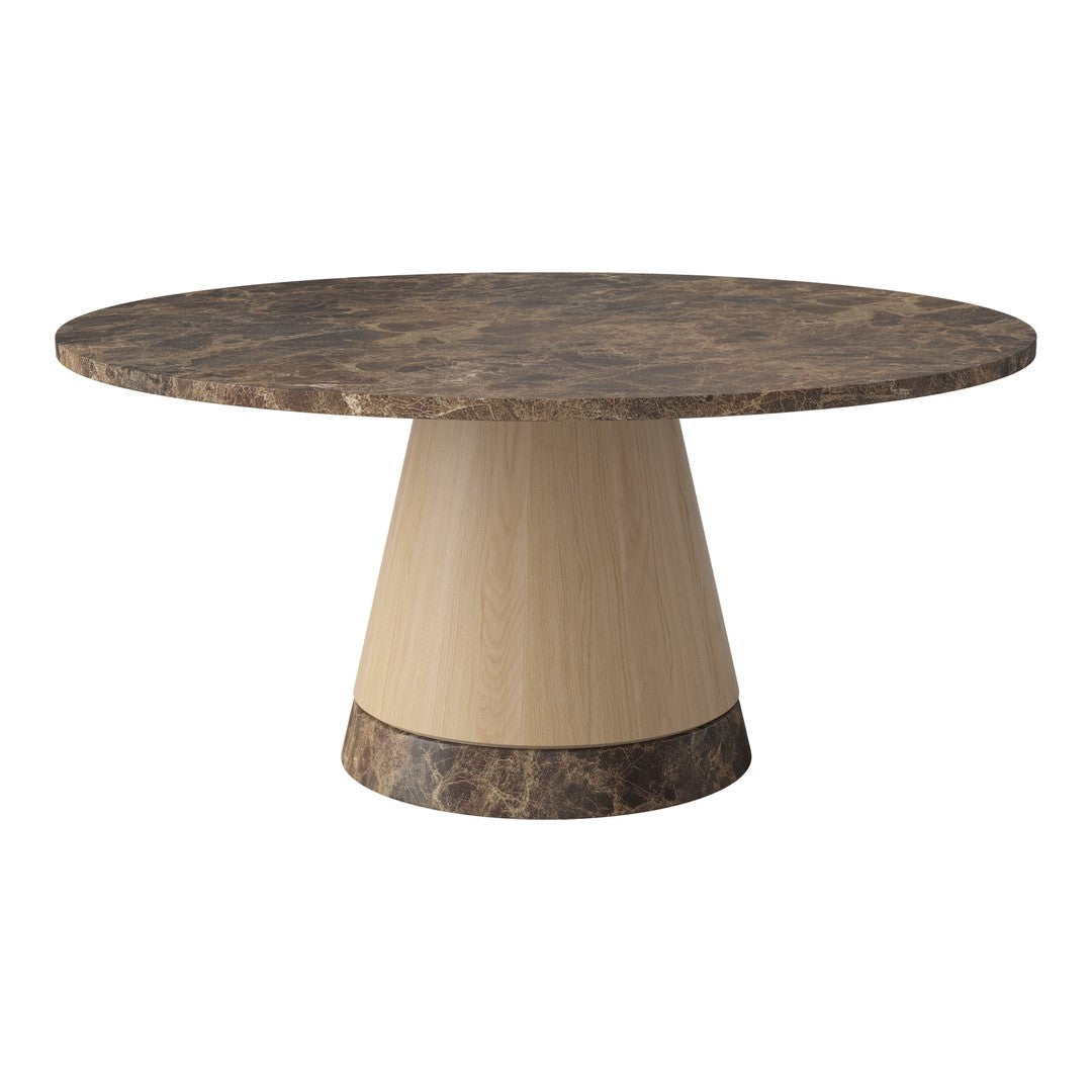 Round dining table with a brown marble top and a beige conical base. Elegant color contrast and smooth textures.