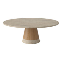 Round marble dining table with a light beige top and natural wood base, featuring a smooth, minimalist design.