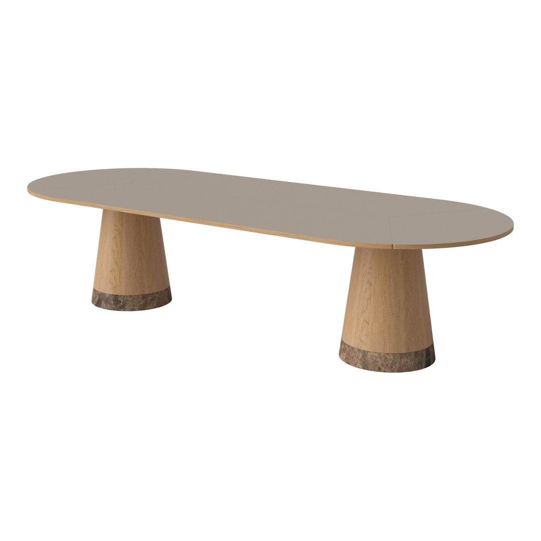 Modern oval coffee table with a smooth beige top and light wood conical legs. Versatile, minimalist design.