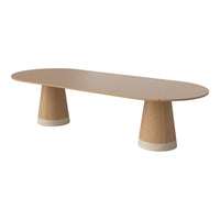 Natural wood brown oval coffee table with sleek beige accents and minimalist, modern design.