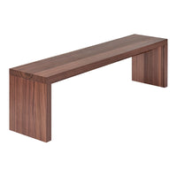 Brown wooden bench with a smooth, minimalist design and natural grain pattern. Ideal for modern decor.