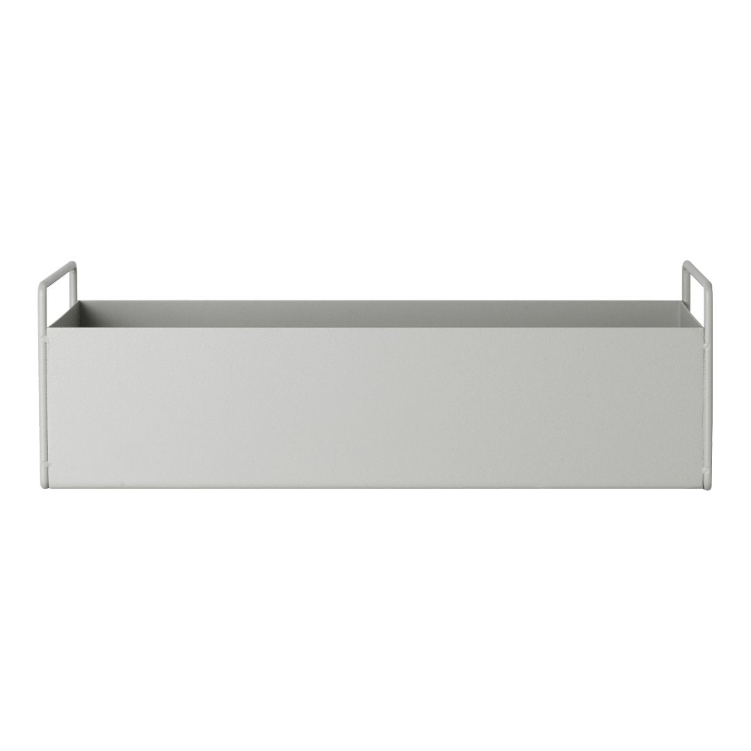 Gray metal storage box with a sleek, minimalist design and two side handles for easy carrying.