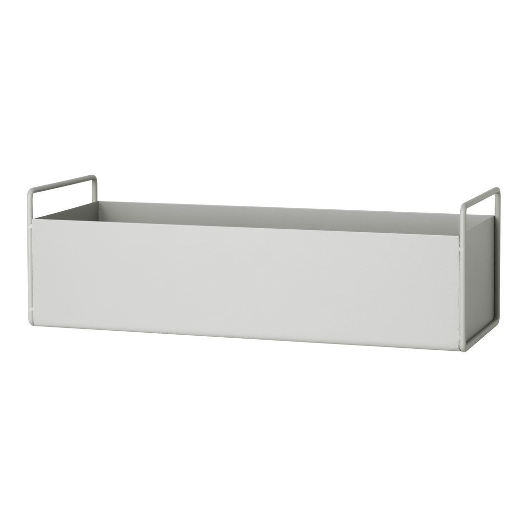 Light gray metal storage bin with minimalistic design and sleek handles. Perfect for organization and style.