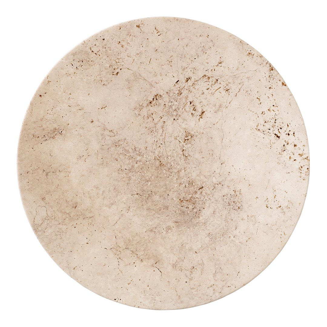 Round, light beige tabletop with a textured, speckled surface, perfect for modern decor.