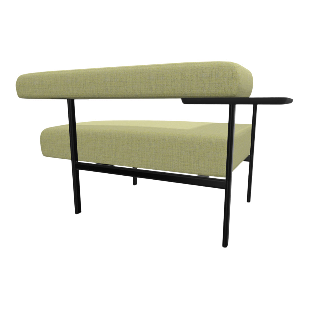 Lime green upholstery with textured pattern and sleek black metal frame. Perfect modern accent chair for any space.