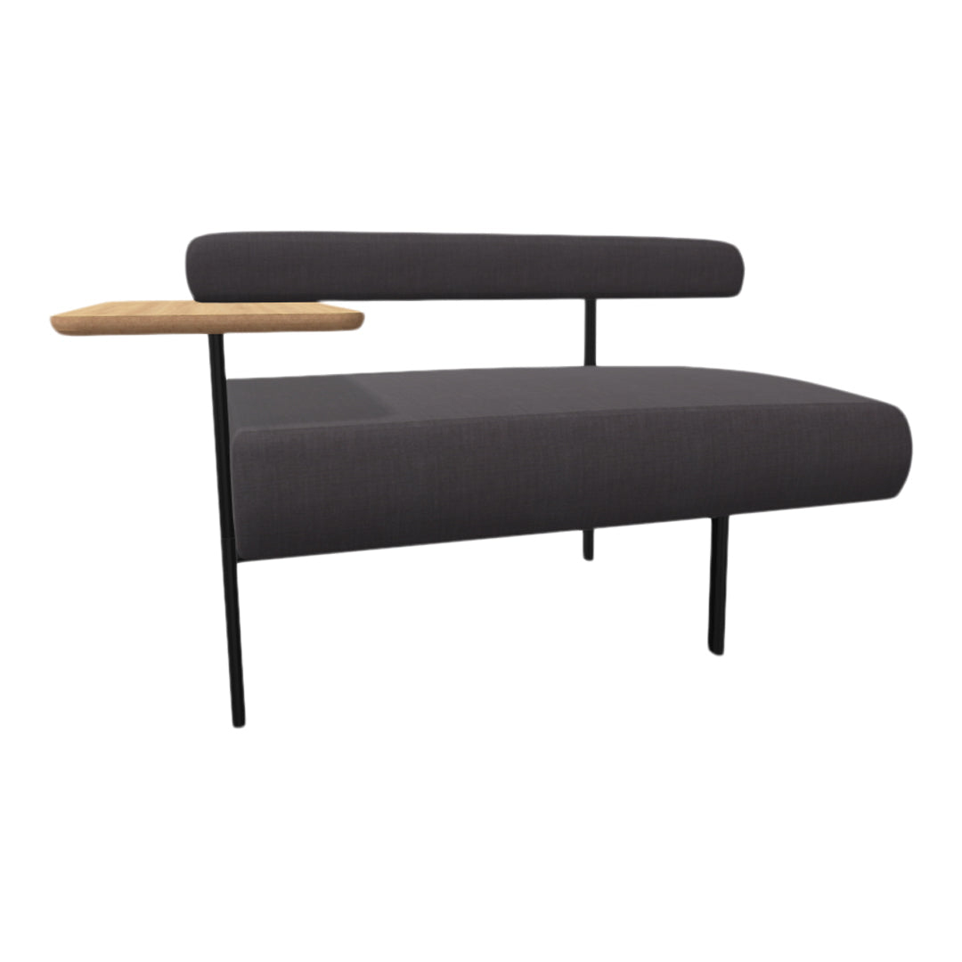 Gray upholstered bench with a natural wood accent and black metal legs, offering a sleek and modern design.