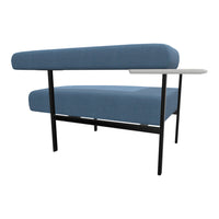 Modern blue upholstered sofa with clean lines and a sleek black frame, featuring a minimalist side table.