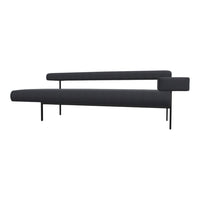 Sleek modern couch in deep charcoal gray fabric with minimalist black metal legs and accents. No visible patterns.