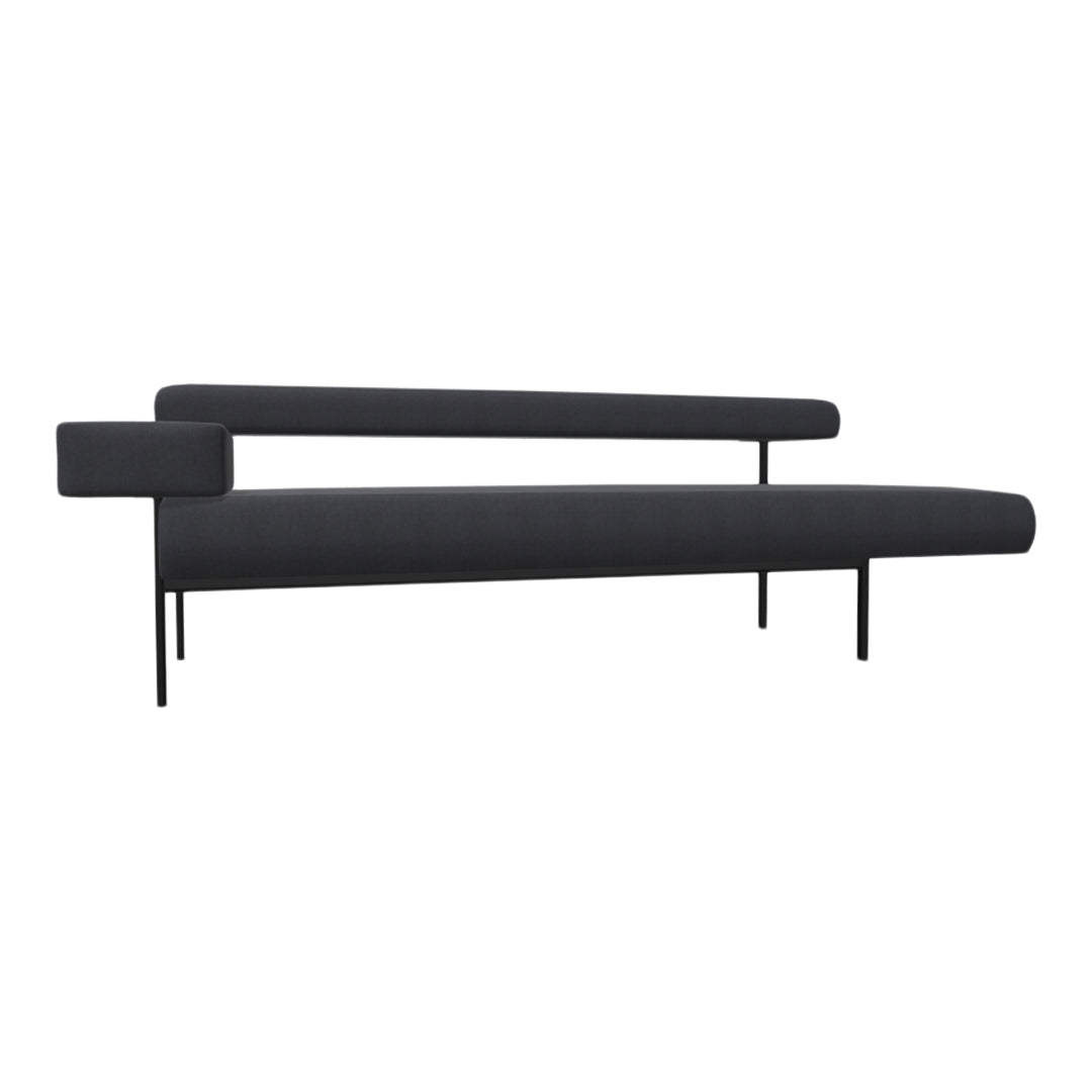 Sleek modern sofa in dark gray fabric with minimalist black metal legs and clean lines, perfect for contemporary decor.