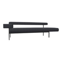 Sleek modern sofa in dark gray fabric with minimalist black metal legs and clean lines, perfect for contemporary decor.