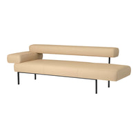 Beige modern sofa with clean lines and black metal legs, perfect for contemporary decor.